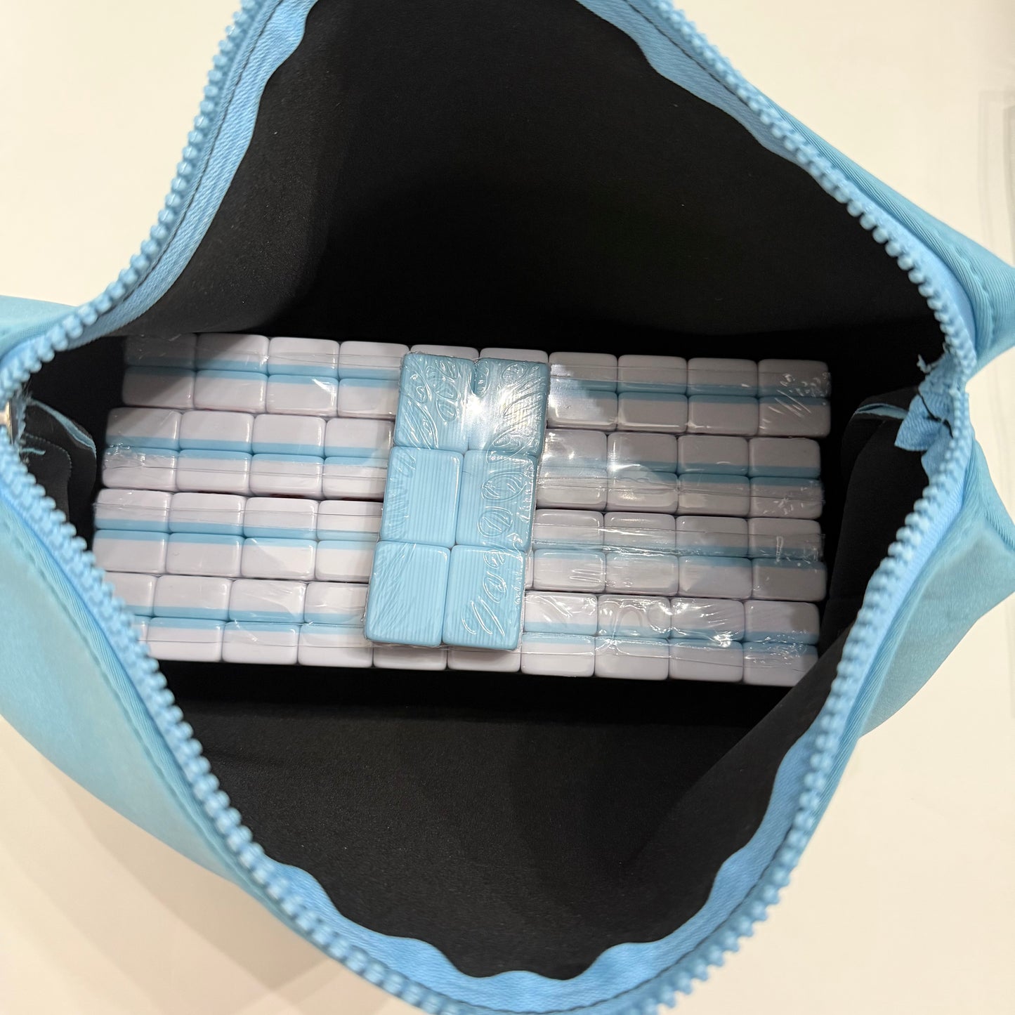 All In One - Mahjong Bundle - American Mahjong Set 166 Tiles - Blue & Tan Bag Blue Mat