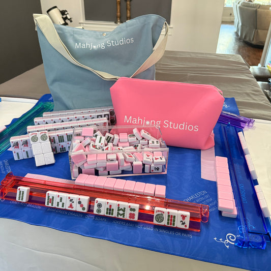 American Mahjong Set 166 Tiles - Mahjong Bundle - Blue & Tan Bag Blue Mat 2-color Pink Tiles