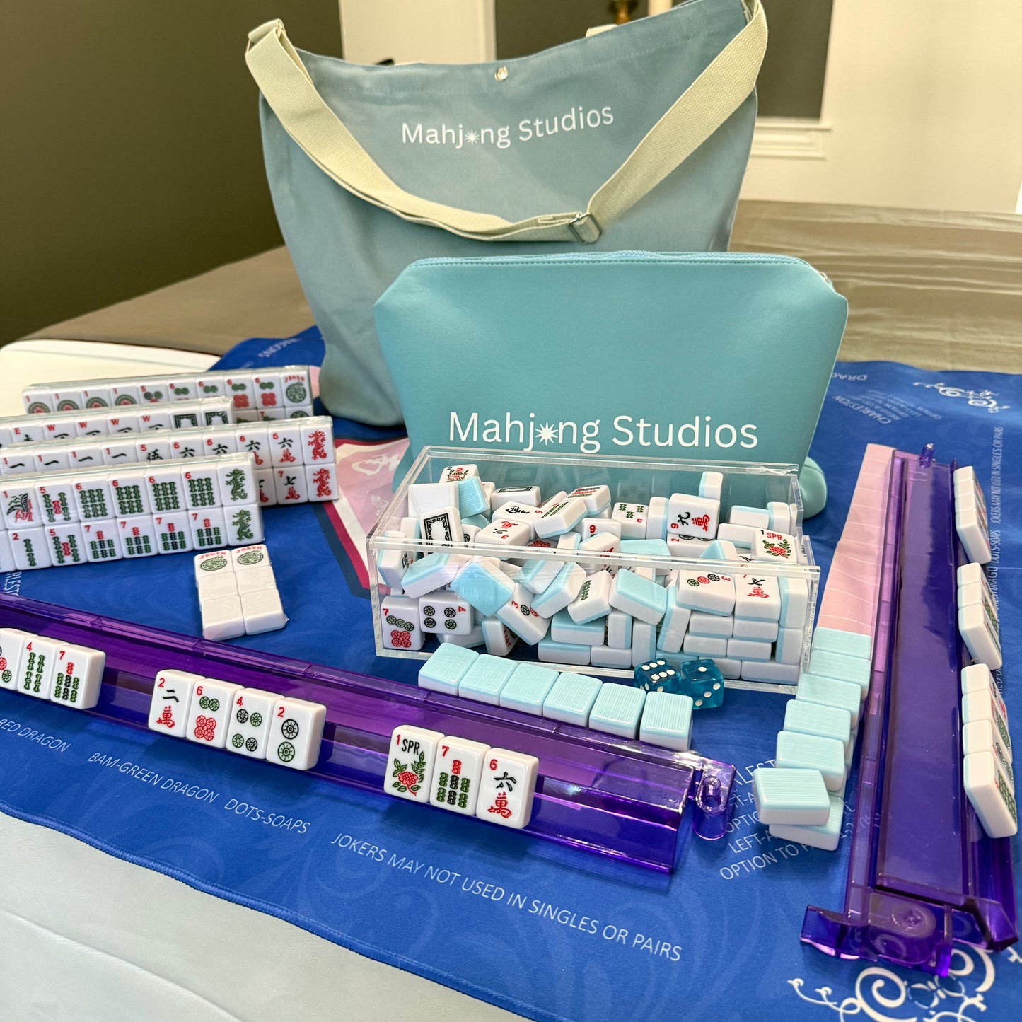 All In One - Mahjong Bundle - American Mahjong Set 166 Tiles - Blue & Tan Bag Blue Mat