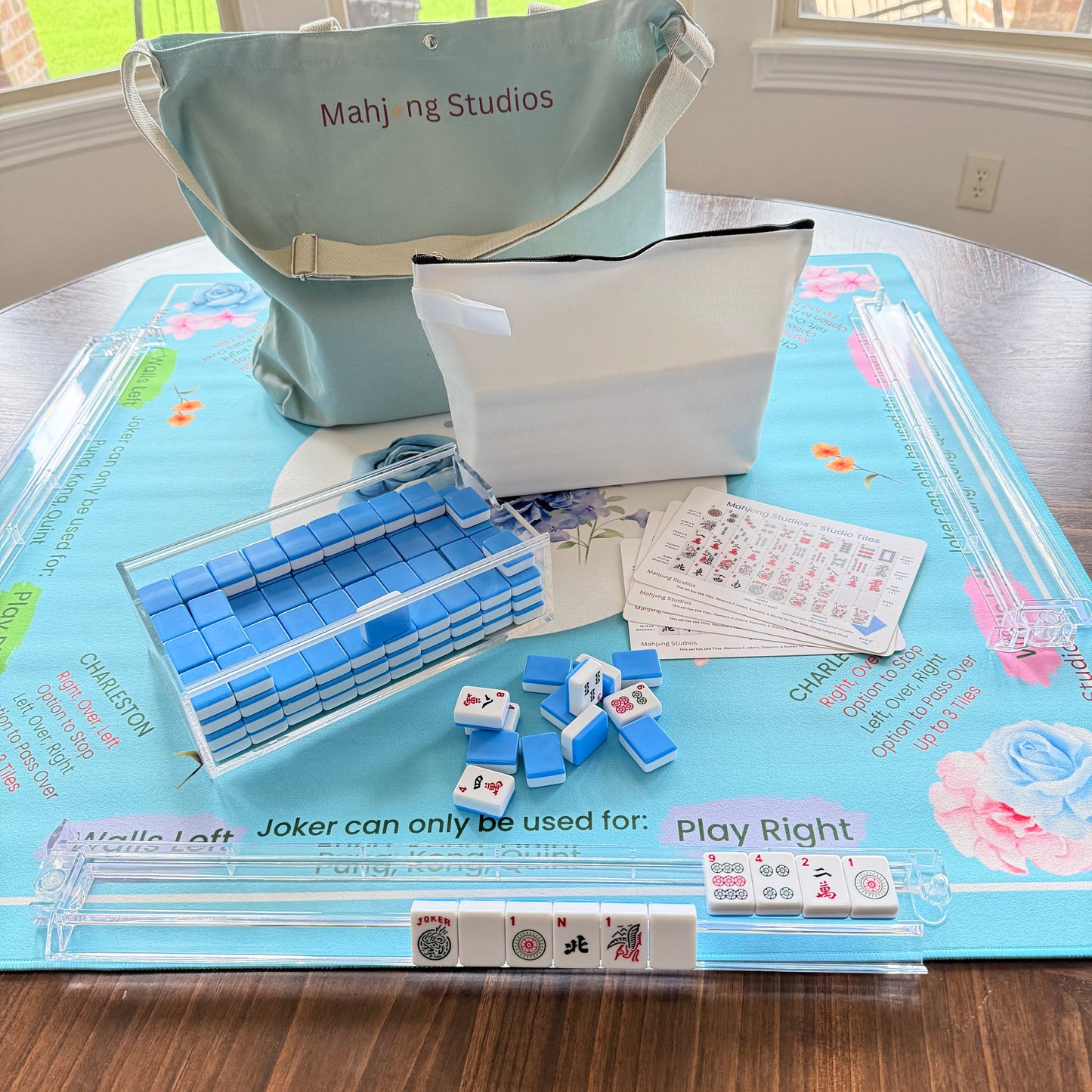 Blue Mahjong Tiles Bundle – American Mahjong 166 Tiles, Studio Tiles Clear Racks Teal Mat