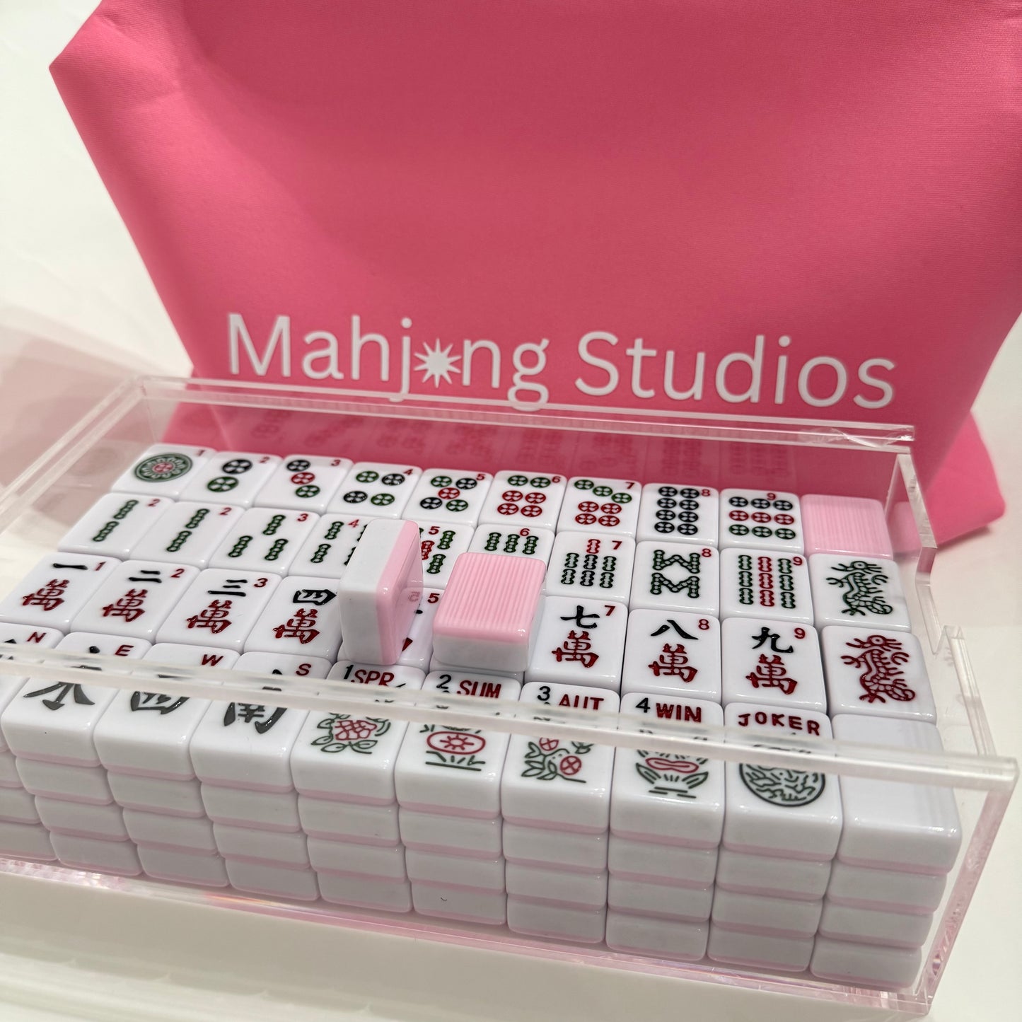 All In One - Mahjong Bundle - American Mahjong Set 166 Tiles - Blue & Tan Bag Pink Mat 2-color Pink Tiles