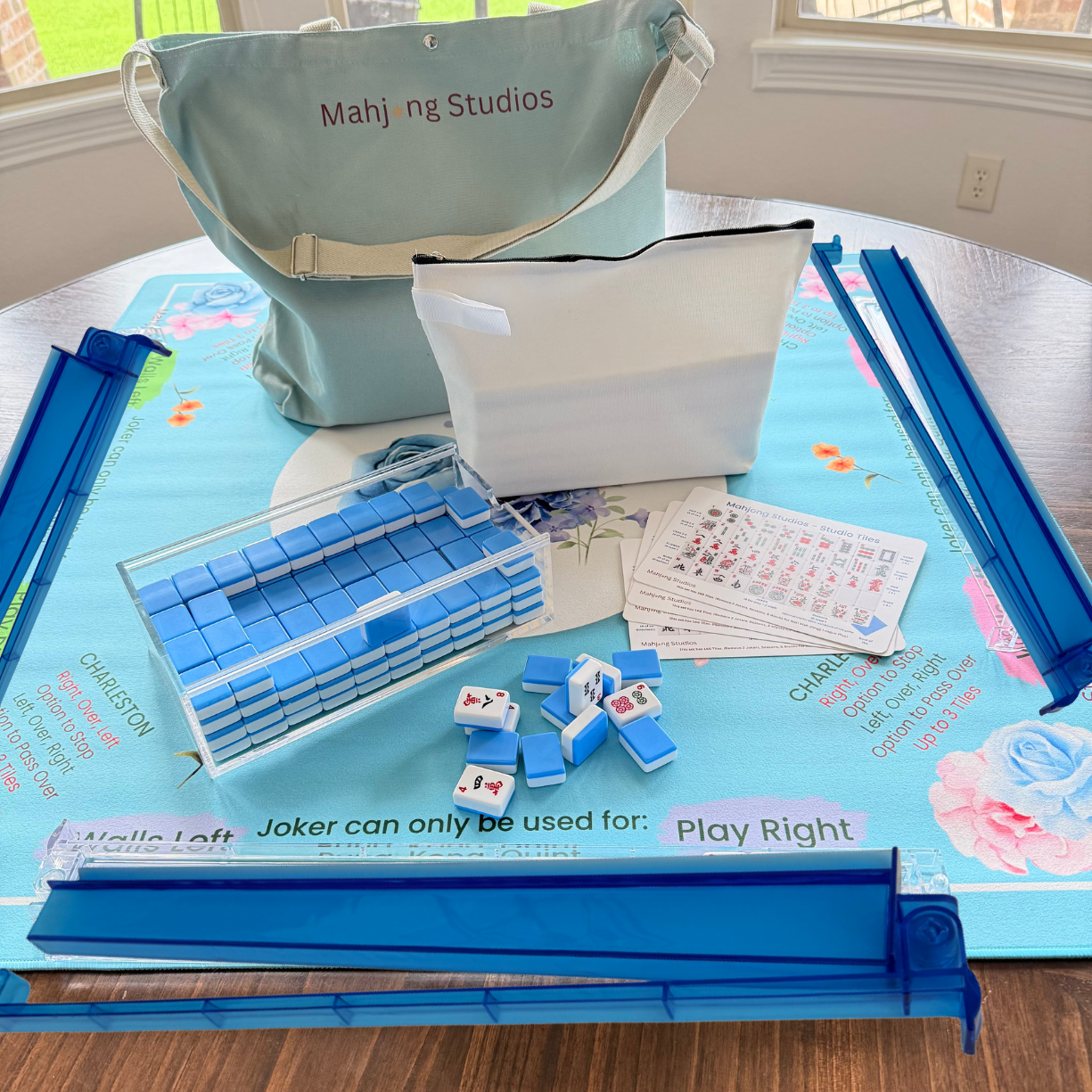 Mahjong Bundle – American Mahjong Tile Set (166 Tiles) 2-Color Blue, Studio Tiles Clear Racks