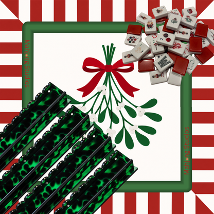 Christmas Kiss Mahjong mat with mistletoe red bow and candy stripe border green tortoise racks