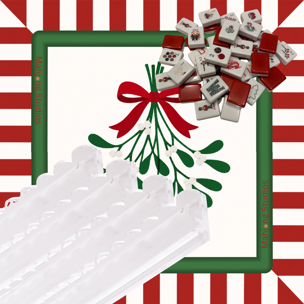 Christmas Kiss Mahjong mat with mistletoe red bow and candy stripe border