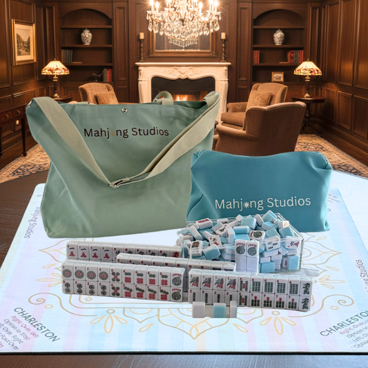 American Mahjong Set 166 Tiles Bundle - Green Bag Pastel Mat 2-color blue tiles