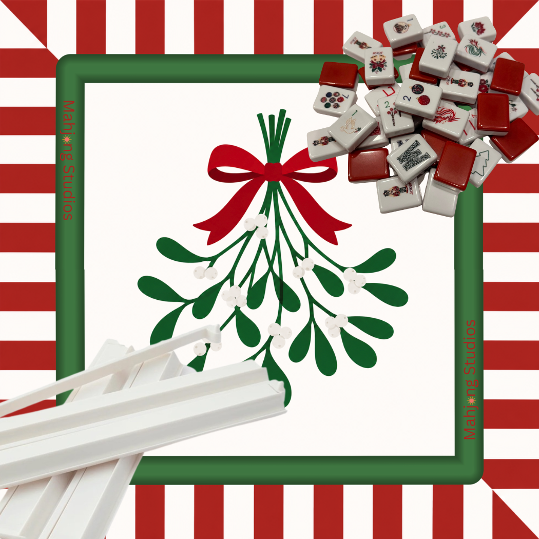 Christmas Kiss American Mahjong tiles with ornaments bows poinsettias and Christmas designs