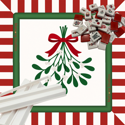 Christmas Kiss American Mahjong tiles with ornaments bows poinsettias and Christmas designs