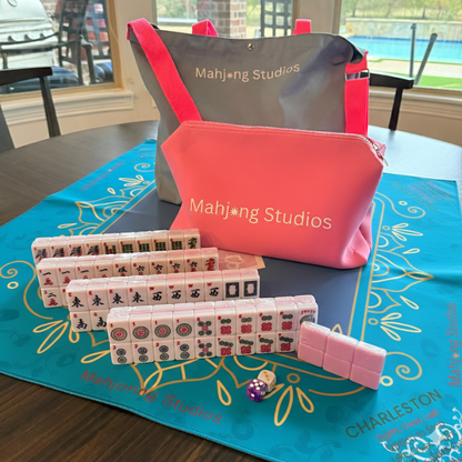 All In One - Mahjong Bundle - American Mahjong Set 166 2-Color Tiles - Blue & Pink Bag  Blue Mat