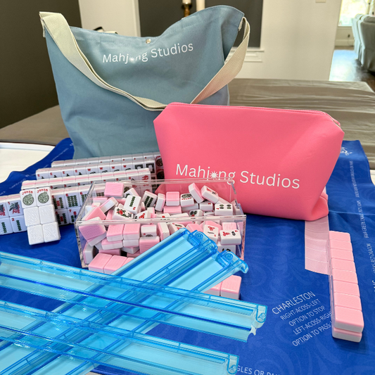 American Mahjong Set 166 Tiles - Mahjong Bundle - Blue & Tan Bag Blue Mat 2-color Pink Tiles