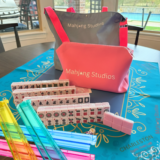All In One - Mahjong Bundle - American Mahjong Set 166 2-Color Tiles - Blue & Pink Bag  Blue Mat