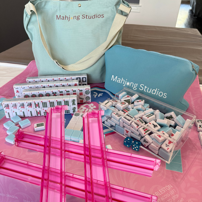 American Mahjong Set 166 Tiles Bundle - Green Bag Pink Mat 2-color blue tiles