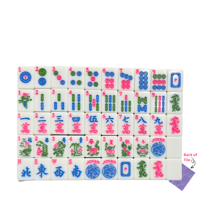 Engraved white American Mahjong tiles with lavender purple sparkle backs