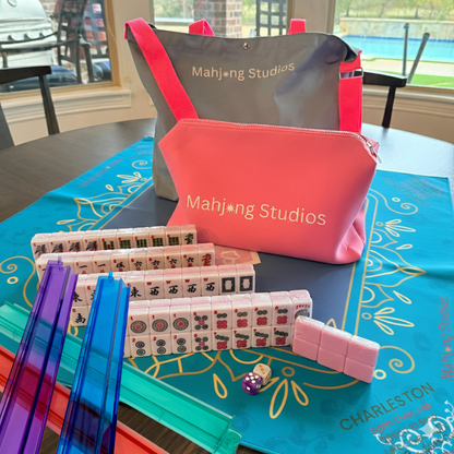 All In One - Mahjong Bundle - American Mahjong Set 166 2-Color Tiles - Blue & Pink Bag  Blue Mat