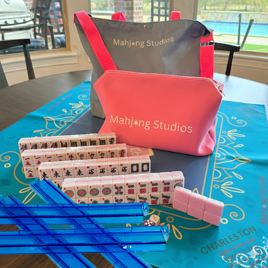 All In One - Mahjong Bundle - American Mahjong Set 166 2-Color Tiles - Blue & Pink Bag  Blue Mat