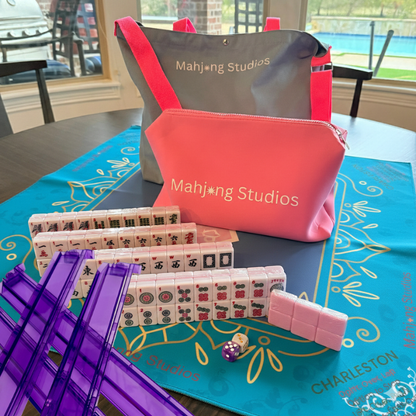 All In One - Mahjong Bundle - American Mahjong Set 166 2-Color Tiles - Blue & Pink Bag  Blue Mat