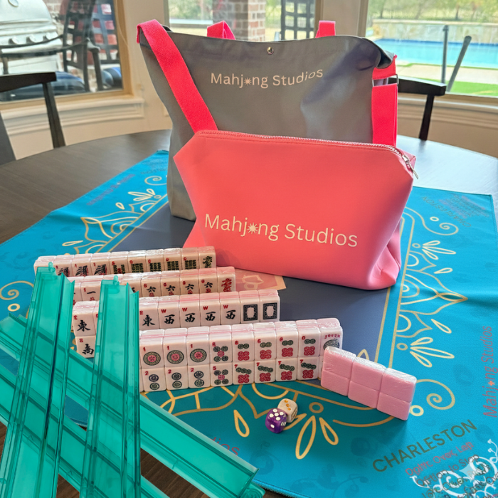 All In One - Mahjong Bundle - American Mahjong Set 166 2-Color Tiles - Blue & Pink Bag  Blue Mat