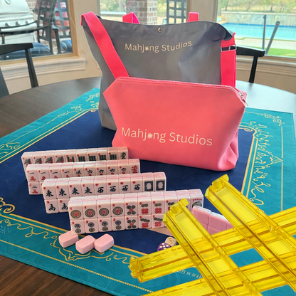 All In One - Mahjong Bundle - American Mahjong Set 166 2-Color Tiles - Blue & Pink Bag  Blue Mat