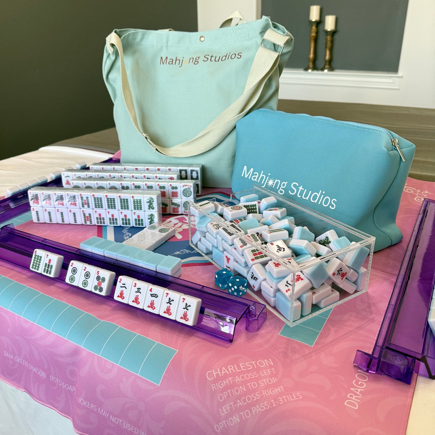 American Mahjong Set 166 Tiles Bundle - Green Bag Pink Mat 2-color blue tiles