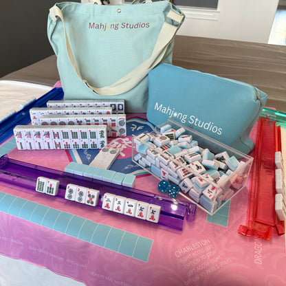 American Mahjong Set 166 Tiles Bundle - Green Bag Pink Mat 2-color blue tiles