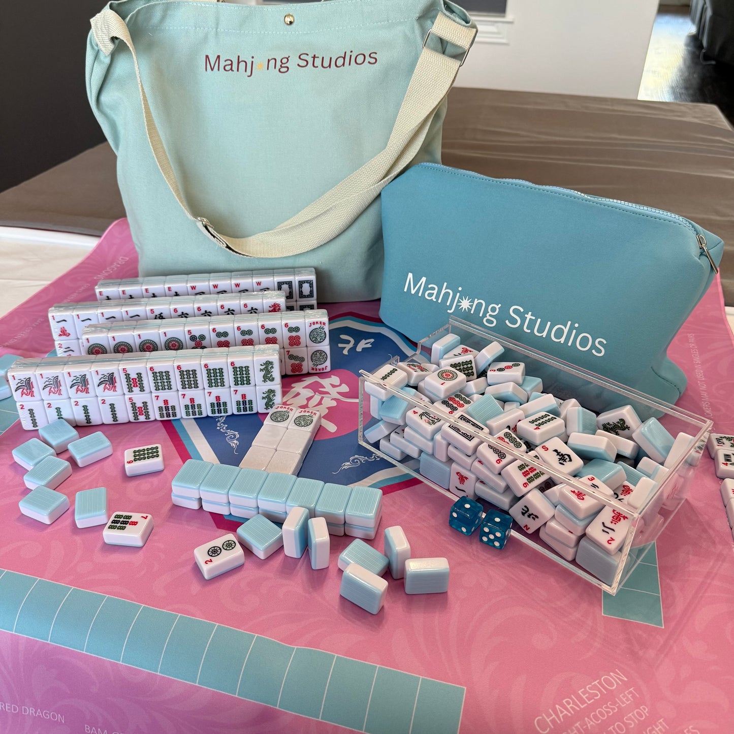 American Mahjong Set 166 Tiles Bundle - Green Bag Pink Mat 2-color blue tiles