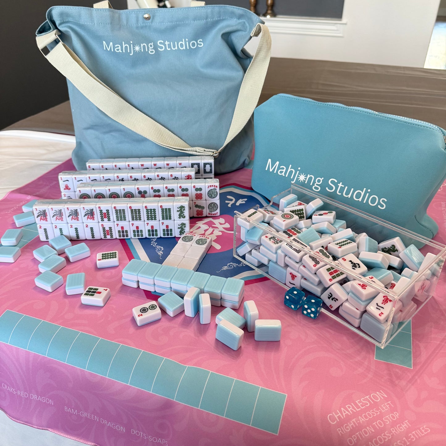 All In One - Mahjong Bundle - American Mahjong Set 166 Tiles - Blue & Tan Bag Pink Mat