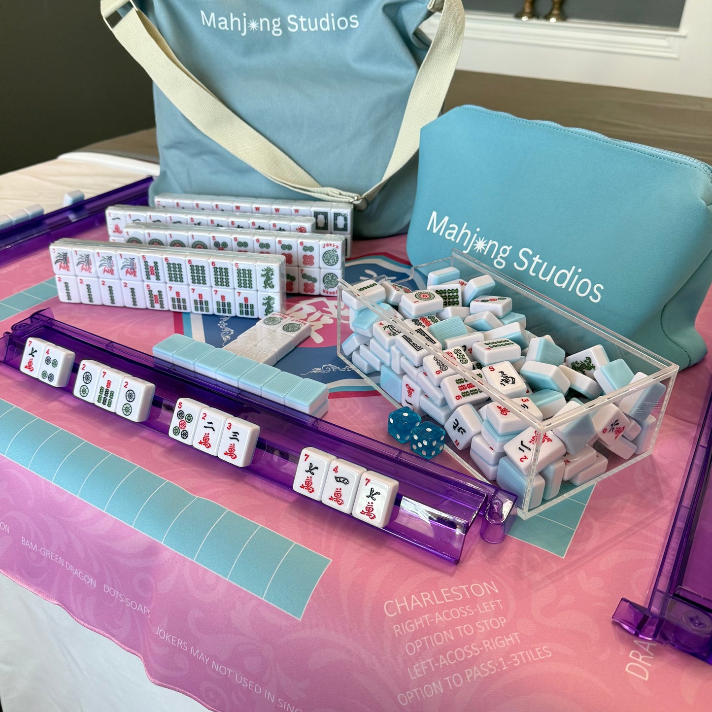 All In One - Mahjong Bundle - American Mahjong Set 166 Tiles - Blue & Tan Bag Pink Mat