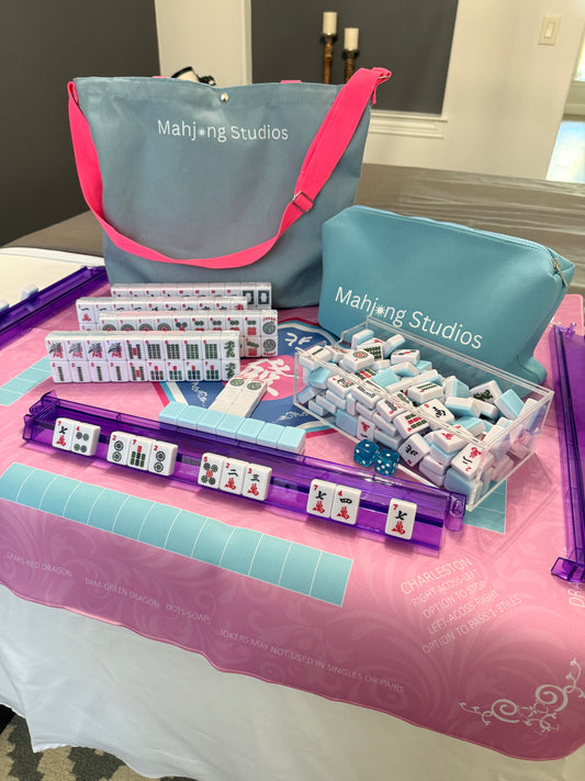All In One - Mahjong Bundle - American Mahjong Set 166 2-Color Tiles - Blue & Pink Bag