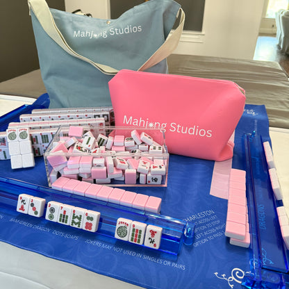 American Mahjong Set 166 Tiles - Mahjong Bundle - Blue & Tan Bag Blue Mat 2-color Pink Tiles