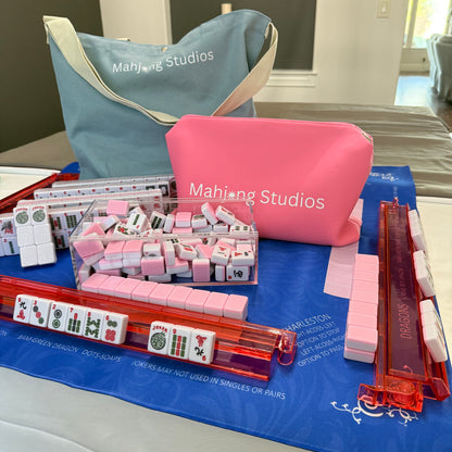 American Mahjong Set 166 Tiles - Mahjong Bundle - Blue & Tan Bag Blue Mat 2-color Pink Tiles