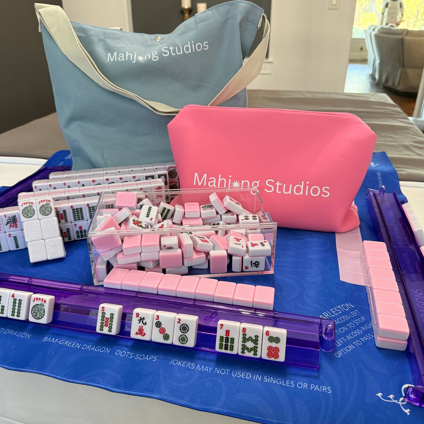 American Mahjong Set 166 Tiles - Mahjong Bundle - Blue & Tan Bag Blue Mat 2-color Pink Tiles