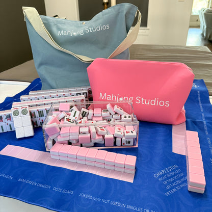 American Mahjong Set 166 Tiles - Mahjong Bundle - Blue & Tan Bag Blue Mat 2-color Pink Tiles