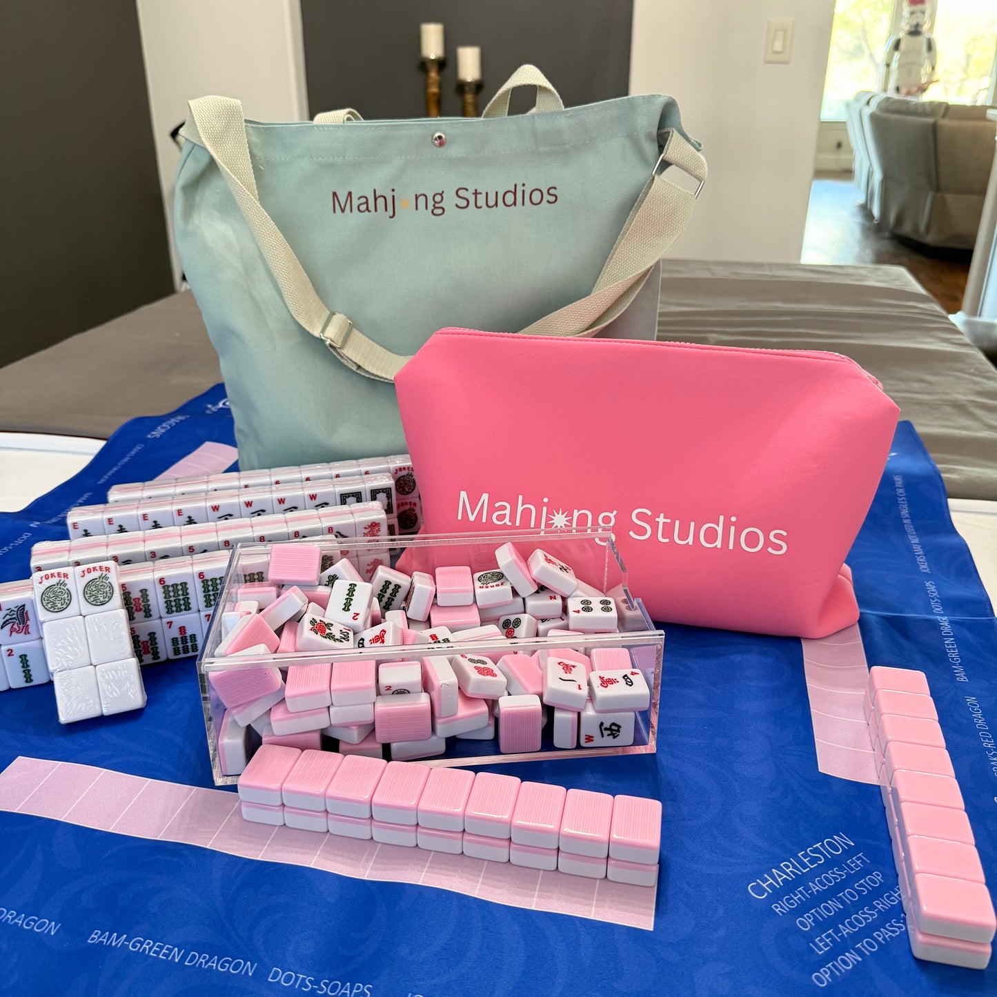 Two color Pink 166-Tiles Mahjong Bundle - American Mahjong Mat Rack Tote Green