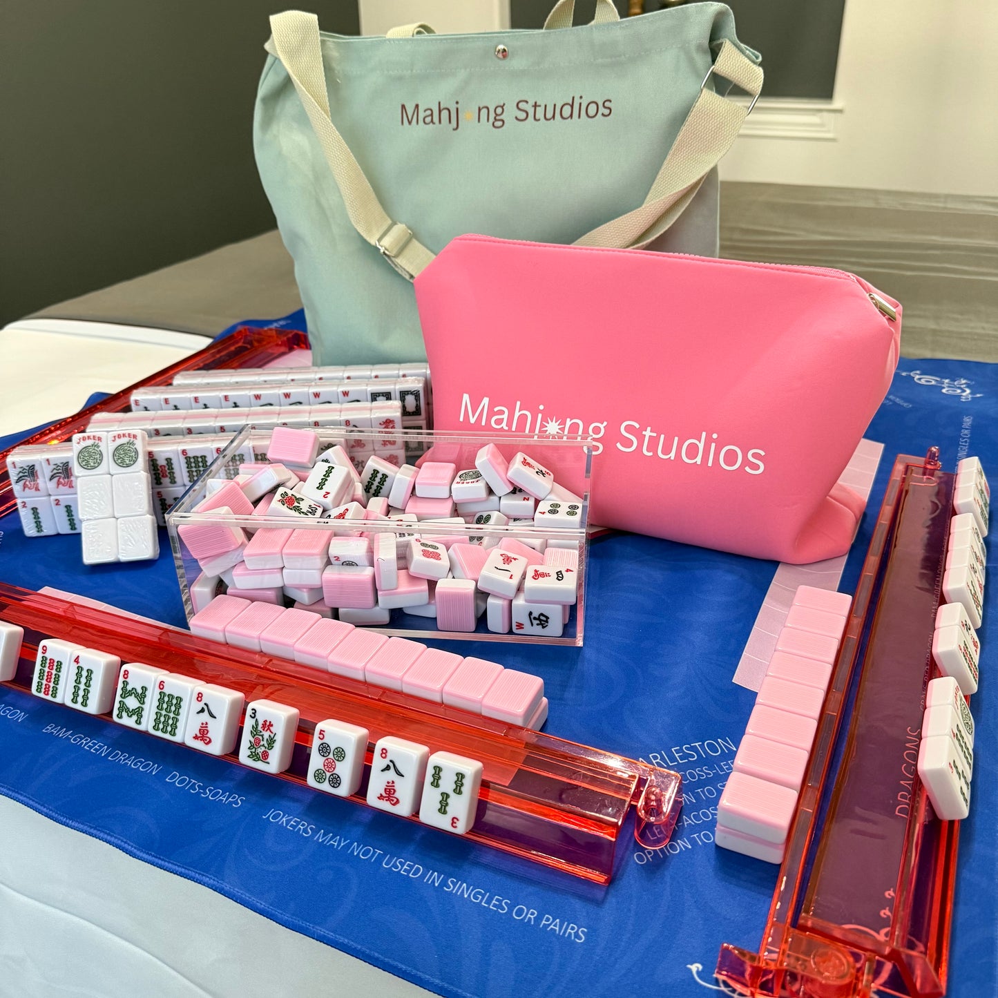Two color Pink 166-Tiles Mahjong Bundle - American Mahjong Mat Rack Tote Green