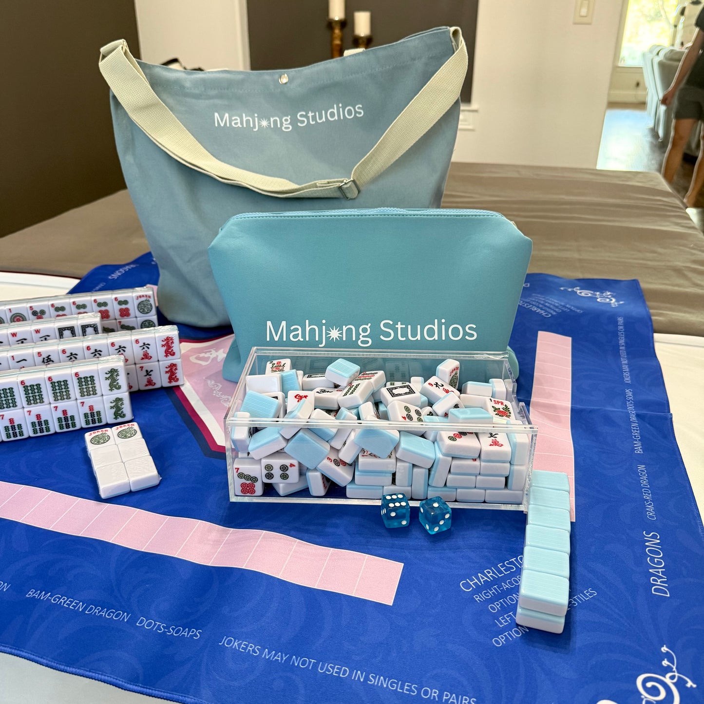 All In One - Mahjong Bundle - American Mahjong Set 166 Tiles - Blue & Tan Bag Blue Mat