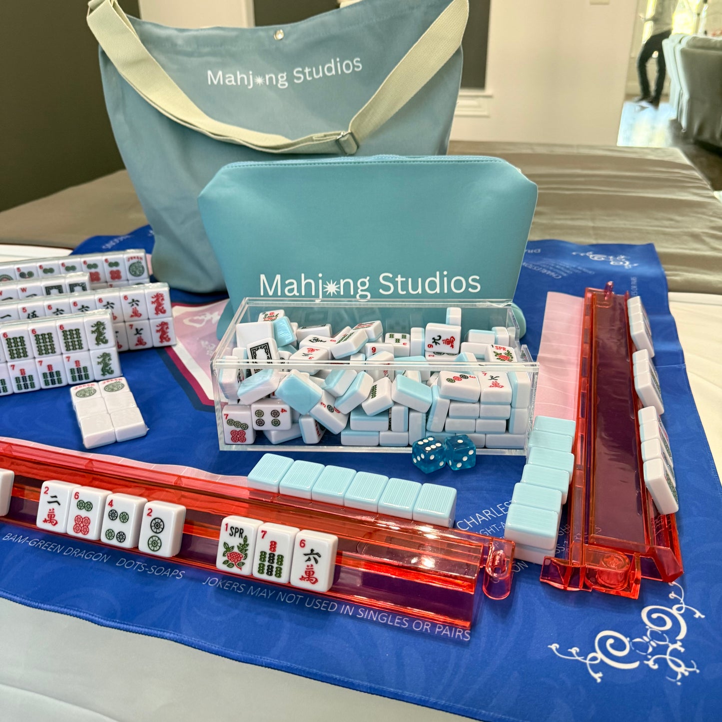 All In One - Mahjong Bundle - American Mahjong Set 166 Tiles - Blue & Tan Bag Blue Mat