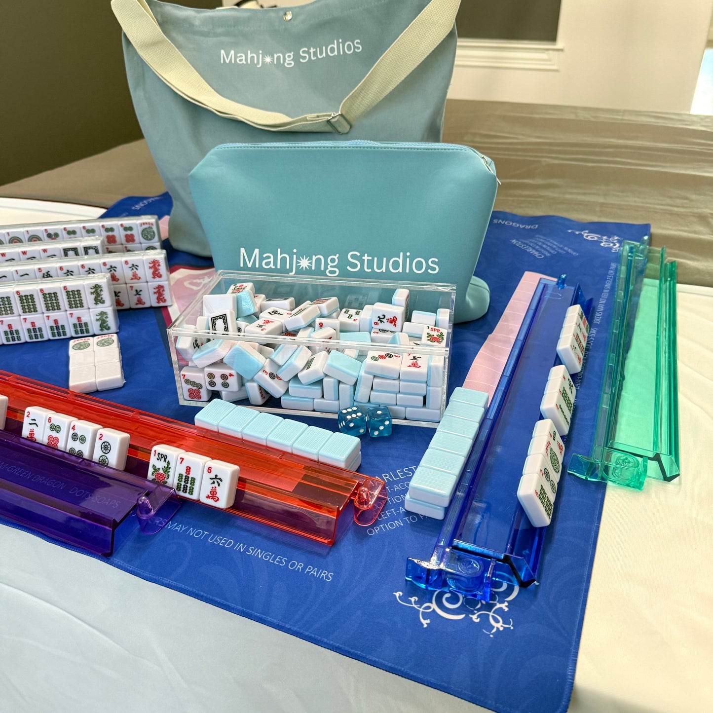 All In One - Mahjong Bundle - American Mahjong Set 166 Tiles - Blue & Tan Bag Blue Mat