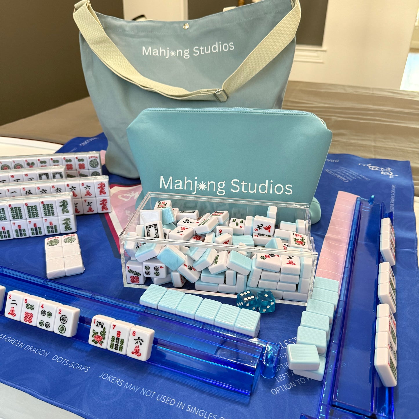 All In One - Mahjong Bundle - American Mahjong Set 166 Tiles - Blue & Tan Bag Blue Mat