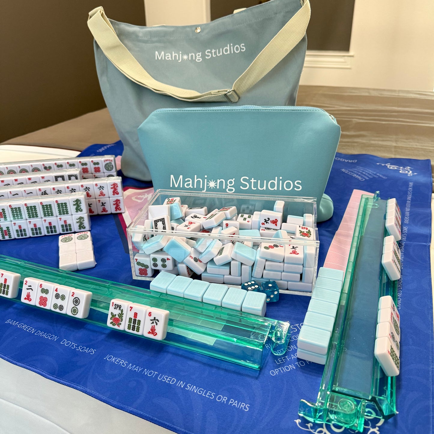 All In One - Mahjong Bundle - American Mahjong Set 166 Tiles - Blue & Tan Bag Blue Mat