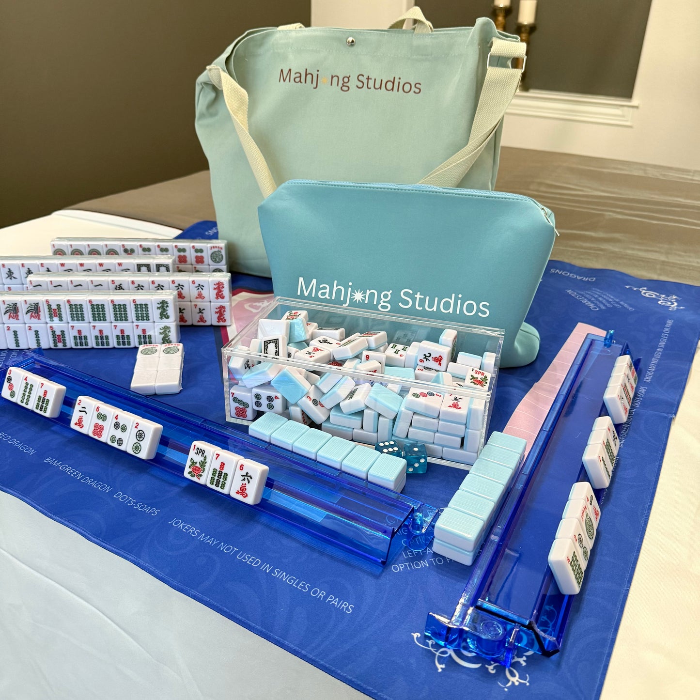 American Mahjong Set 166 Tiles Bundle - Green Bag Blue Mat 2-color blue tiles