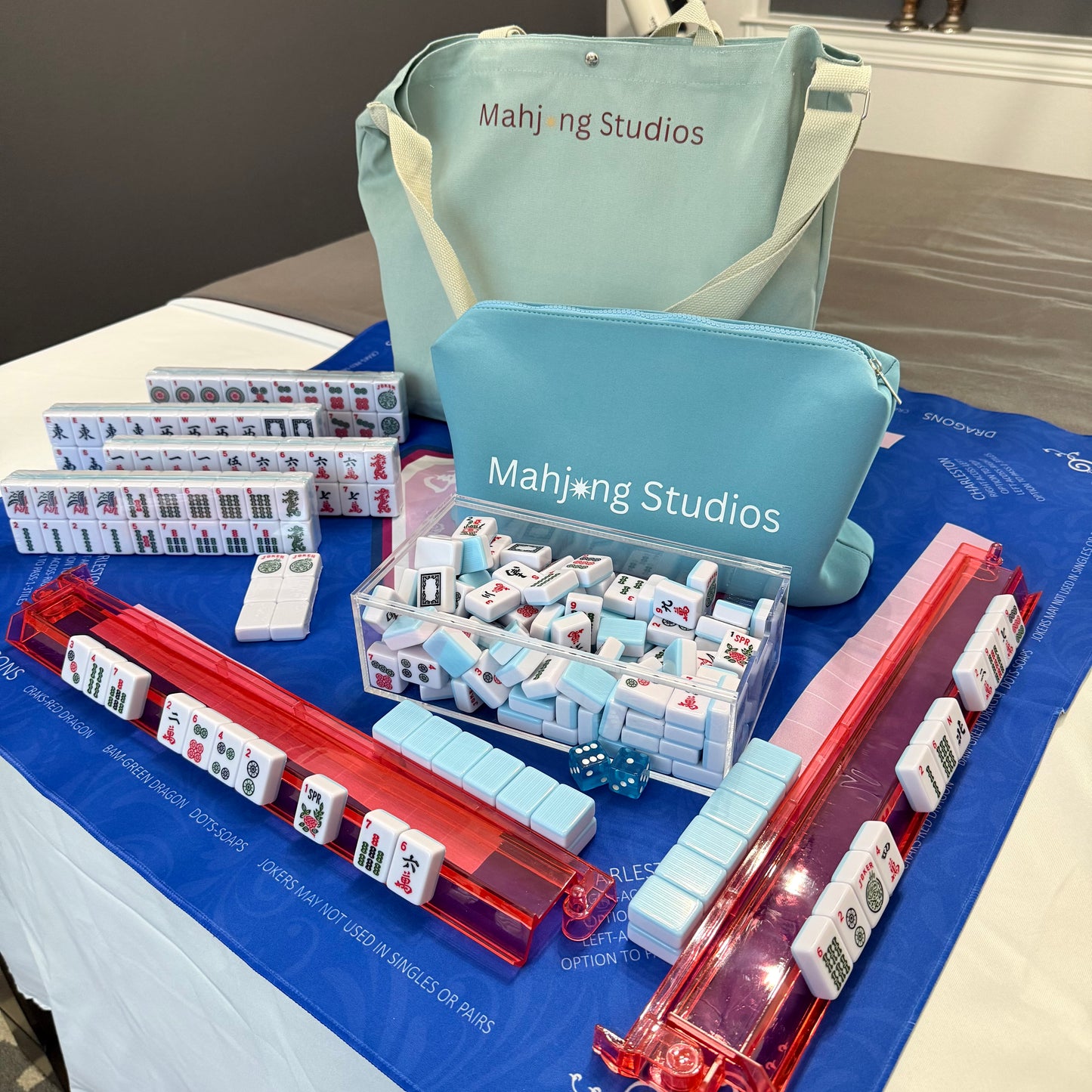 American Mahjong Set 166 Tiles Bundle - Green Bag Blue Mat 2-color blue tiles