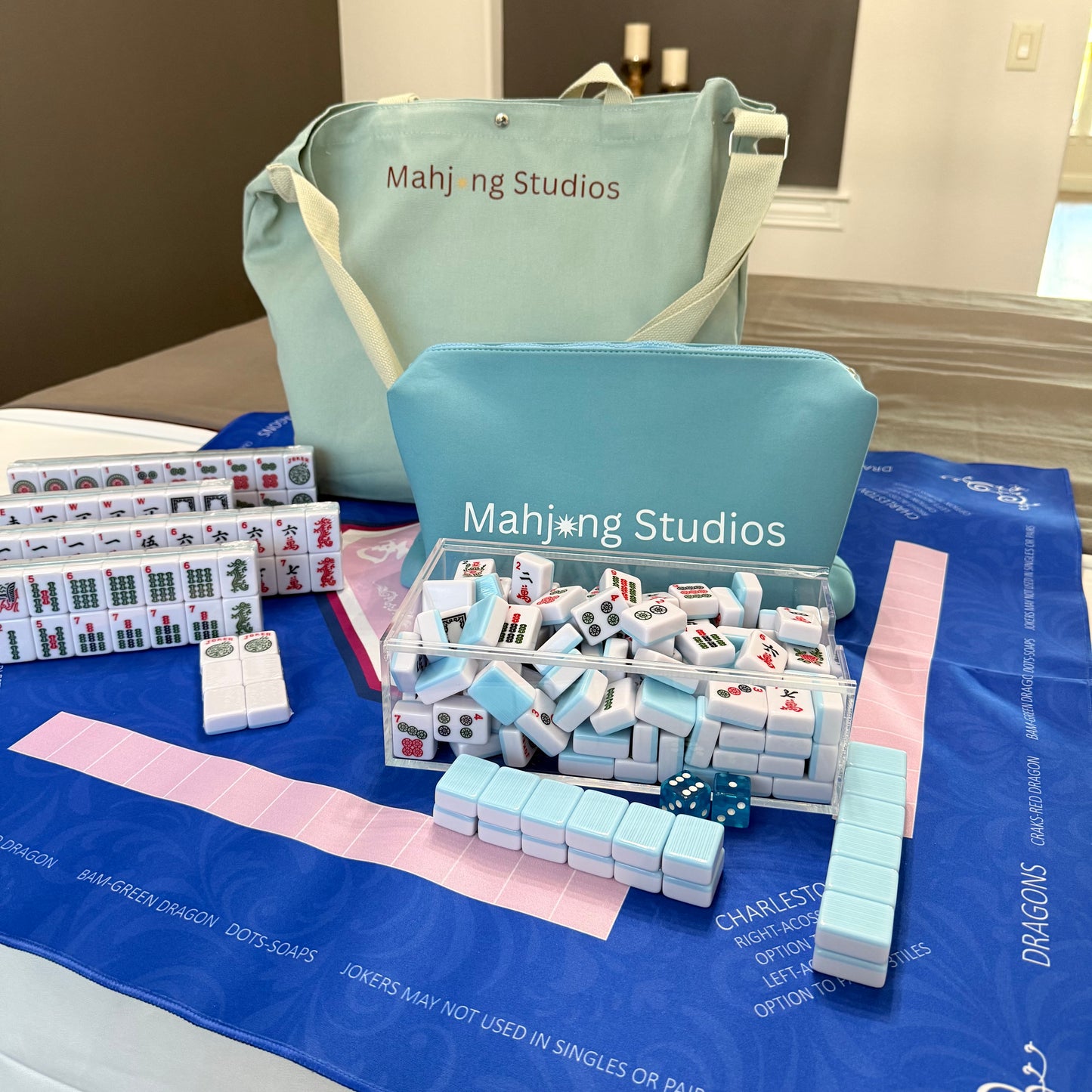 American Mahjong Set 166 Tiles Bundle - Green Bag Blue Mat 2-color blue tiles