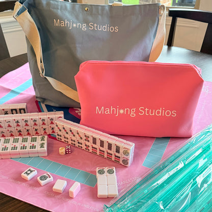 All In One - Mahjong Bundle - American Mahjong Set 166 Tiles - Blue & Tan Bag Pink Mat 2-color Pink Tiles