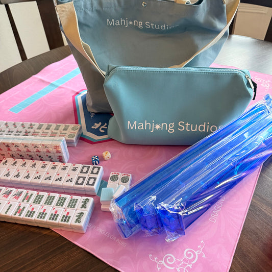 All In One - Mahjong Bundle - American Mahjong Set 166 Tiles - Blue & Tan Bag Pink Mat