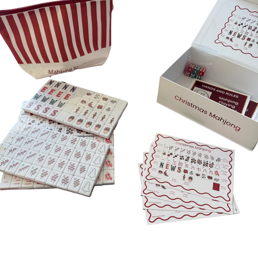 Christmas Kiss Mahjong mat with mistletoe red bow and candy stripe border magnetic box and tiles