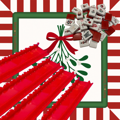 Christmas Kiss Mahjong mat with mistletoe red bow and candy stripe border solid red scalloped 20" mahjong racks